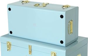 Sky <b>Blue</b> Decorative Metal Trunk Set Vintage Style Keepsake <b>Storage</b> <b>Boxes</b> with Polished Gold Latches for Bedroom and Nursery - Product Image 3
