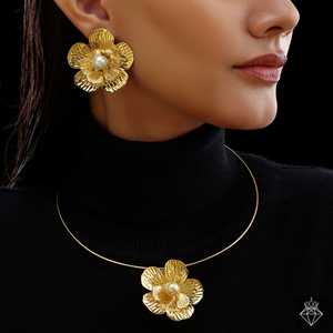 PRAO Luxe Gold Finish 3D Flower Pendant Necklace <b>Set</b> with Earrings Anti-Tarnish <b>Fine</b> <b>Jewelry</b> <b>Sets</b> - Product Image 6