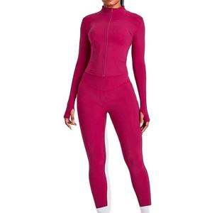 Conjunto de yoga de manga larga con cremallera, color rosa, efecto levanta glúteos, transpirable, elástico, sin costuras, sexy, para chicas, venta al por mayor. - Product Image 1