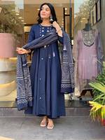 Robe décontractée pour femme, bleu marine, en coton, longueur cheville, coupe classique, brodée, séchage rapide, pour le printemps, l'été et l'automne, Inde
