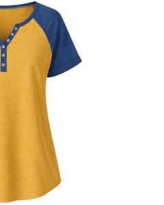 เสื้อยืดแขนสั้นคอปกแบบเฮนลีย์สีเหลืองน้ำเงินสำหรับผู้หญิง ทรงหลวม สวมใส่สบาย ผ้าฝ้าย เหมาะสำหรับฤดูร้อน มีกระดุมที่คอ เนื้อผ้านุ่ม - Product Image 4