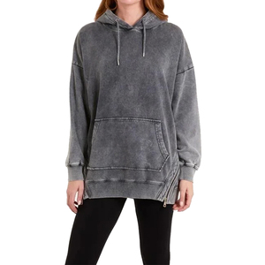 Sudadera con capucha extragrande para mujer, de invierno, con logo frontal, lavado ácido, manga larga, hombros caídos, de punto, algodón y poliéster, lavado vintage, con bolsillo - Product Image 1