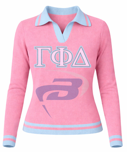 Suéter de punto verde informal para mujer de la hermandad Gamma Phi Delta con estampado de letras GPD, suéter con letras en la parte superior, personalizable con cualquier logotipo - Product Image 1