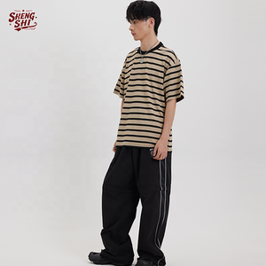 T-shirt à rayures personnalisé pour salle de sport, faible MOQ, OEM, coton 250g, rayures horizontales, col rond, rétro pour le quotidien - Product Image 1