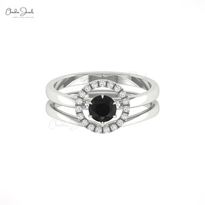 Produits tendance : Bague empilable en or massif 14 carats avec diamant noir naturel rond de 5 mm, bague solitaire en diamant à prix de gros - Product Image 2