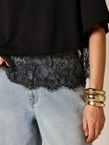 Summer Loose Black Tee Luxury Lace Stitching Women's Shirts Crop <b>Tops</b> Short Sleeve O-Neck Cotton Dropped Shoulder T-Shirt Vendor - Product Image 4