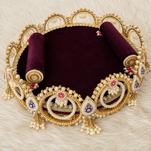 Handmade Maroon Velvet Puja Thali <b>Basket</b> Pearl Beaded Wedding Tray Decorative <b>Gift</b> <b>Hamper</b> for Festival Pooja Decor - Product Image 3