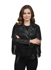 Vintage Women's Winter <b>Jacket</b> <b>Western</b> Leather Fringe Short Length Quilted Comfortable Stylish Outerwear Dyed Viscose Lining - Product Image 4