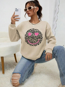 Sudadera con Capucha para Mujer, Nueva, de Alta Calidad, con Estampado de Leopardo, Cara Sonriente y Corazón, Sudadera Suave para Otoño, Sudadera Cálida para Mujer, Estilo Urbano - Product Image 4
