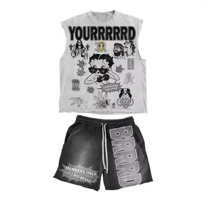 Conjunto de Camiseta y Pantalones Cortos Personalizados al por Mayor, Estilo Streetwear con Estampado Desgastado por el Sol, Conjunto Casual de Verano para Unisex - Product Image 3