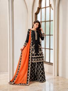 Conjunto de diseñador Zari con bordado de lentejuelas y lentejuelas de hilo Chinon, top con pantalón Plazzo y dupatta, completamente cosido y listo para usar. - Product Image 1