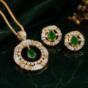 Luxury <b>Gold</b> Tone Diamond <b>Pendant</b> Necklace and Stud Earrings Set with Sparkling Baguette CZ Halo for Women Gift - Product Image 1