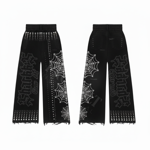 Pantalon droit ample pour homme, de haute qualité, style vintage délavé, orné de strass et cristaux, pour le streetwear et la mode urbaine - Product Image 6