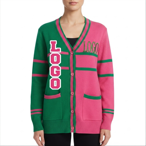 <b>Custom</b> Pink Green Womens Winter Cardigan V Neck Sorority Sweater Acrylic Knitted Two Tone Front Embroidery Logo - Product Image 3