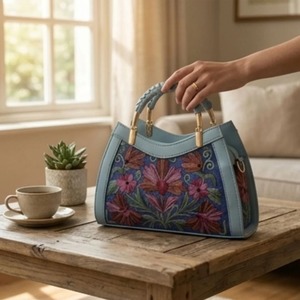 Bolso de Mano con Bordado Crewel de Cachemira, Color Verde Salvia con Flores de Margarita Multicolores, Compre Directamente al Diseñador - Product Image 3