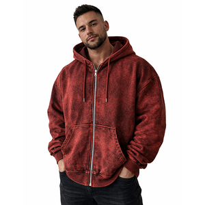 Sudadera con capucha de alta calidad 100% algodón, roja, con lavado ácido, cremallera completa, forro polar grueso y cálido, estilo casual urbano, holgada, de secado rápido. - Product Image 1