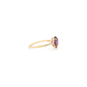 Bague empilable personnalisée en or jaune 14 carats avec améthyste et diamant en forme de trèfle à quatre feuilles, bijou pierre de naissance de février, nouvelle création de designer - Product Image 5