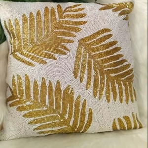 Gold Palm Leaf Hand Beaded Cushion Cover Square Velvet Throw Pillow Case For <b>Sofa</b> Couch Living Room Bedroom Home items - Product Image 1