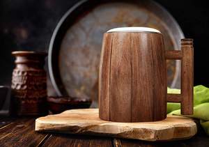 Chope à bière en bois faite à la main avec insert en acier inoxydable, design classique, poignée ergonomique, compatible lave-vaisselle, motif uni, coffret cadeau, pour fêtes et maison - Product Image 4