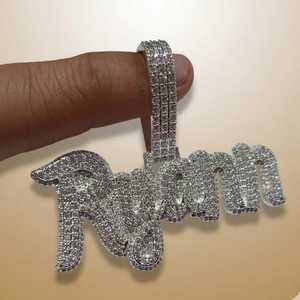 Pendentif personnalisé avec nom en lettres serties de pierres, argent sterling 925 plaqué rhodium, moissanite taille brillant rond, pendentif unisexe hip-hop - Product Image 4