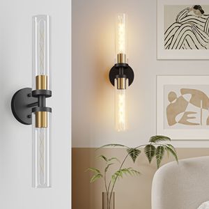Set Moderno di Due Applique da Parete Nere e Oro, Illuminazione per Bagno con Vetro Trasparente, Elegante Decorazione Murale - Product Image 1