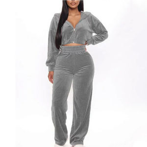 Ensemble jogging deux pièces pour femme, veste à capuche zippée en velours et pantalon évasé, collection 2026, vente d'hiver en gros - Product Image 1