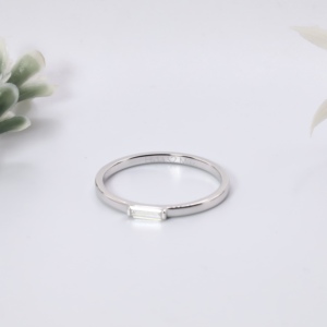 Minimalist White Gold Baguette Cut Lab Grown <b>Diamond</b> Solitaire <b>Ring</b> East West Set Dainty Stackable Band Fine Jewelry - Product Image 3