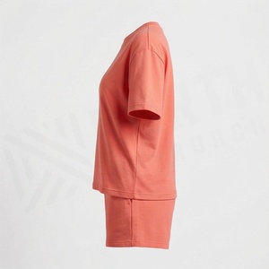 Women's 2 Piece Solid Coral <b>Knitted</b> Short Sleeve T Shirt and Above Knee Shorts <b>Set</b> Crew Neck Loose Fit Casual Spring Summer Wear - Product Image 3