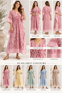 Red White Boho Kaftan <b>Dress</b> for Women Floral Print <b>Maxi</b> with Waist Tie 100% Cotton Breathable Elegant Beachwear - Product Image 5