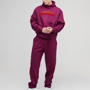 Men's Burgundy Hooded Sweatshirt <b>Set</b> Cotton French Terry Casual Autumn Wear Front Letter Print Oem Service - Product Image 4