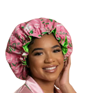 Pink and Green Luxury Satin <b>Bonnet</b> with 1908 Pattern Double Layer Hair Wrap Sleep Cap for Women Beauty and Comfort - Product Image 4