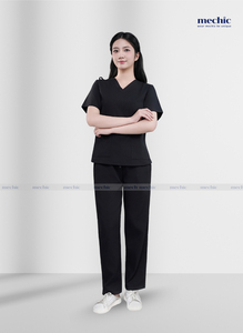 Conjunto de Uniforme Médico para Mujer, Cuello en V, Color Negro, Manga Corta, Pantalones de Poliéster y Rayón, Tejido - Product Image 2