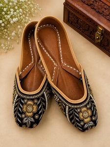 Black Gold Embroidered Comfort Punjabi Juttis Women Flat Shoes Beaded Floral Round Toe Slip on Festival Wear - Product Image 3