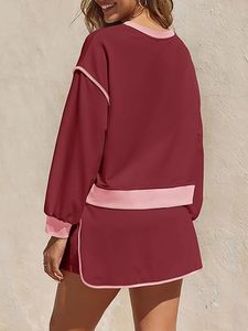 Ensemble 2 pièces pour femmes en coton et polyester, sweat-shirt à manches longues à col rond uni et short avec poche latérale - Product Image 3