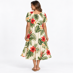 Floral Print A-Line Dress O-Neck Short Sleeve Tea-Length Summer Casual Women's Dress wholesale rate best selling custom - Product Image 4