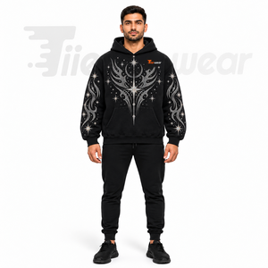 Sudadera con capucha negra para hombre con pedrería y estampado de estrellas brillantes, estilo hip hop, con bolsillo frontal. - Product Image 2