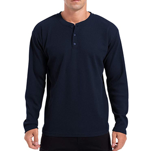 Chemise Henley à manches longues pour homme, bleu marine uni, en coton tricoté, coupe décontractée, col rond, respirante - Product Image 1