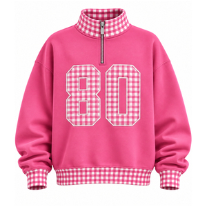 Women’s <b>Pink</b> Gingham 80 Quarter Zip Sweatshirt <b>Long</b> <b>Sleeve</b> Casual Pullover <b>Top</b> with Checkered Ribbed Collar Cuffs & Hem - Product Image 1