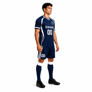 Custom Soccer Uniform Set Men's <b>Navy</b> Blue V-Neck Short Sleeve Jersey Kit with Team Name and Logo Sublimated Print - Product Image 3