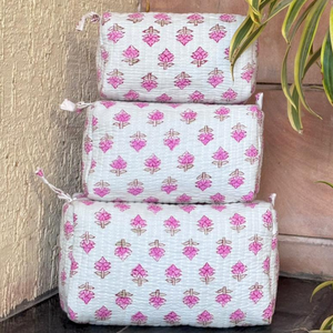 Premium Jaipur Hand Block Printed Quilted Cotton Pouch Set For Cosmetics Jewellery Toiletries Gifting Eco friendly Water proof - Product Image 3
