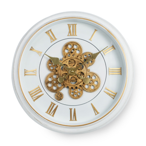Moving gear wall <b>clock</b> 18 inch white vintage rustic frame with <b>silent</b> bronze metal Roman numerals for home décor - Product Image 2