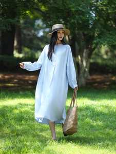 Robe longue décontractée pour femme, coupe classique, 100 % coton, manches longues, style minimaliste, été, écologique, tunique unie teinte - Product Image 4