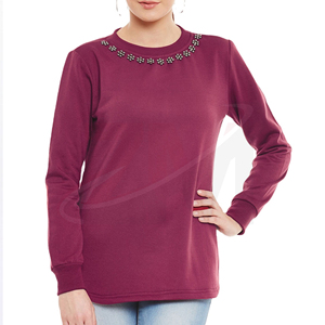 Pull en tricot à col rond et manches longues pour femme avec encolure perlée, style décontracté pour l'automne, sweat-shirt premium orné de strass pour femme - Product Image 1