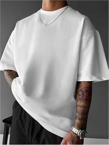 T-shirt blanc surdimensionné 100 % coton pour homme, décontracté, à manches courtes, col rond, en jersey uni, coupe classique, longueur normale, tricoté teint uni - Product Image 2