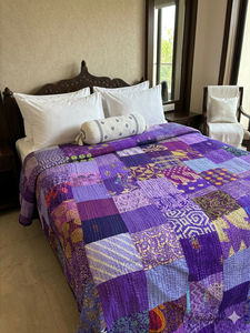 Couvre-lit vintage en patchwork violet, taille Queen, en coton, style bohème, fait main, literie indienne, textile de maison - Product Image 1