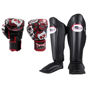 Set de Muay Thai y Kickboxing Twins FBGVL con Diseño de 3 Calaveras, Precio al por Mayor, Guantes de Boxeo de Cuero Premium y Protector de Tibia - Product Image 1