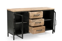 Buffet rustique en bois de manguier brut avec 2 tiroirs et 2 portes vitrées, aspect antique