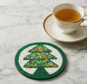 Handmade Beaded <b>Coaster</b> with Tree Design, Round Colorful Embroidered <b>Drink</b> <b>Coaster</b> Festive Table Decor Gift <b>for</b> Home - Product Image 1