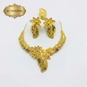 Classic Fashion Flower Box Chain Elegant Nigerian Wedding Gold Plated Leaf Necklace Earrings Ring Set - Product Image 2
