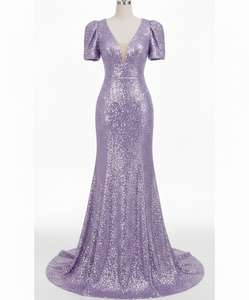 Robe longue moulante tendance pour femme avec sequins, col en V, manches bouffantes et nœud - Product Image 4